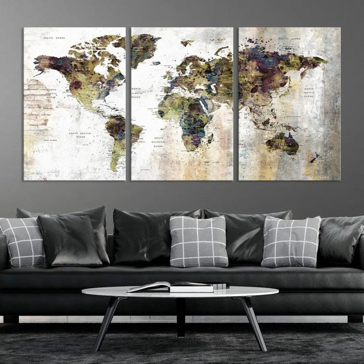 Grunge Travel Map Push Pin World Map Wall Art Canvas Print Wall Decor