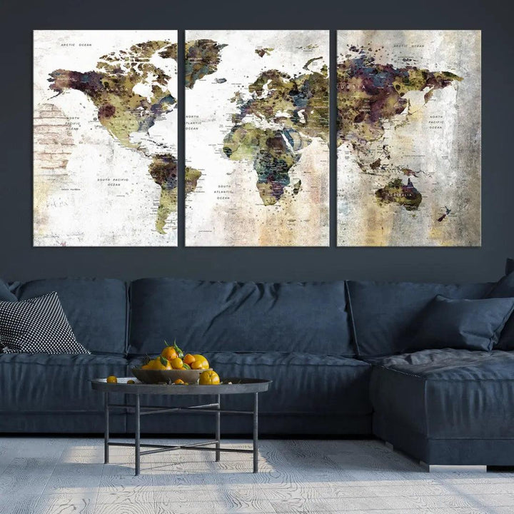 Grunge Travel Map Push Pin World Map Wall Art Canvas Print Wall Decor