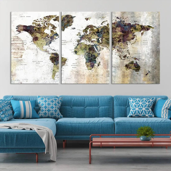 Grunge Travel Map Push Pin World Map Wall Art Canvas Print Wall Decor