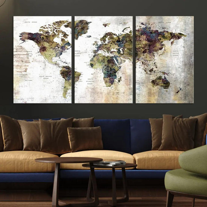 Grunge Travel Map Push Pin World Map Wall Art Canvas Print Wall Decor