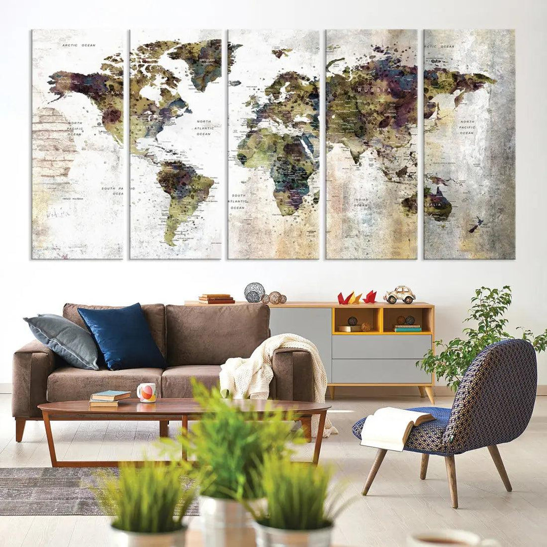 Grunge Travel Map Push Pin World Map Wall Art Canvas Print Wall Decor