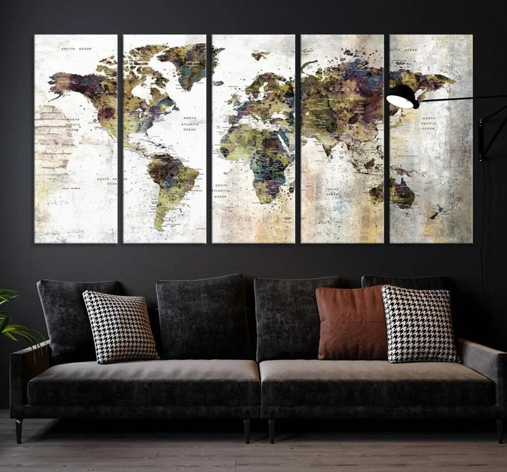 Grunge Travel Map Push Pin World Map Wall Art Canvas Print Wall Decor