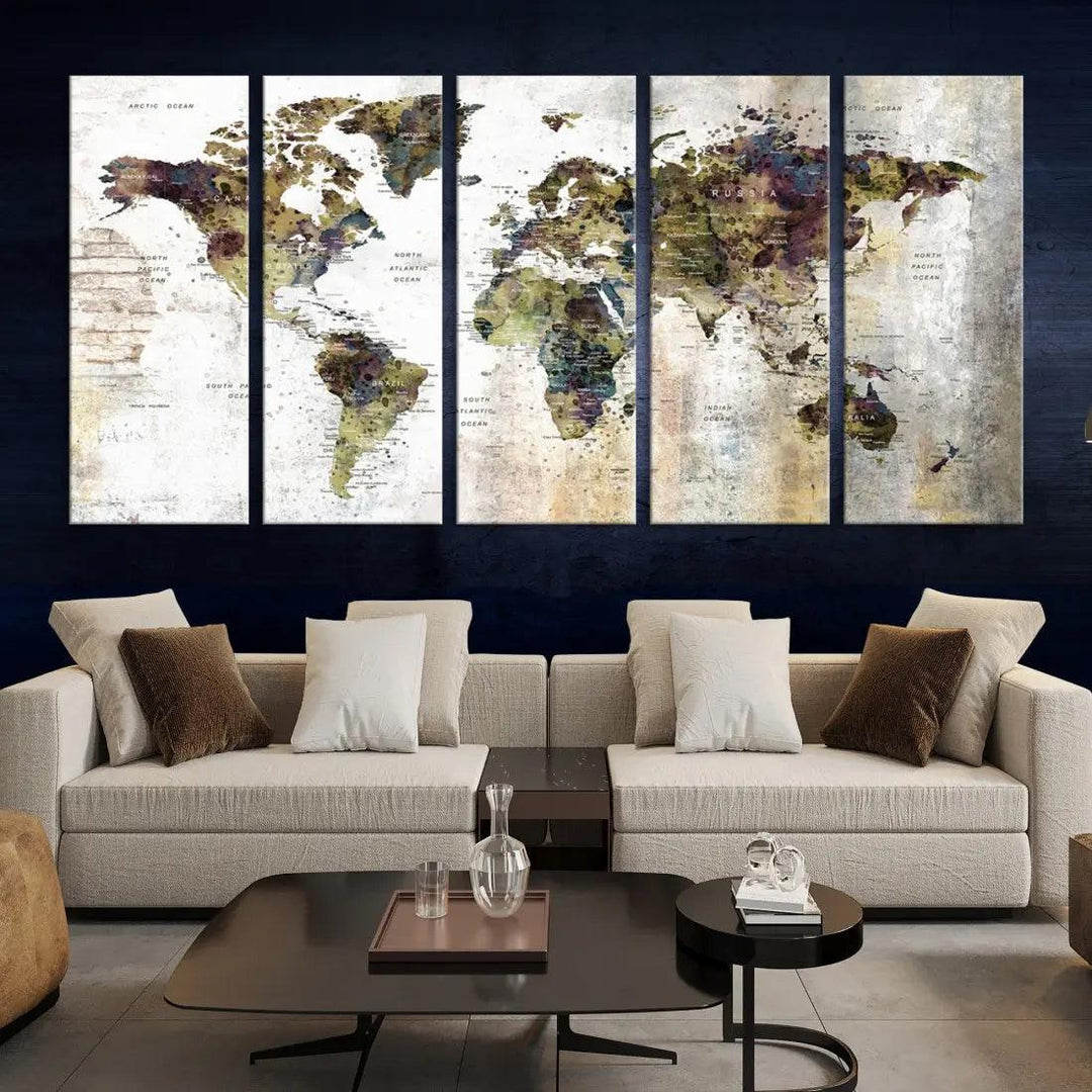 Grunge Travel Map Push Pin World Map Wall Art Canvas Print Wall Decor