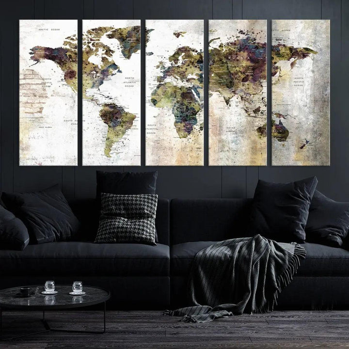 Grunge Travel Map Push Pin World Map Wall Art Canvas Print Wall Decor