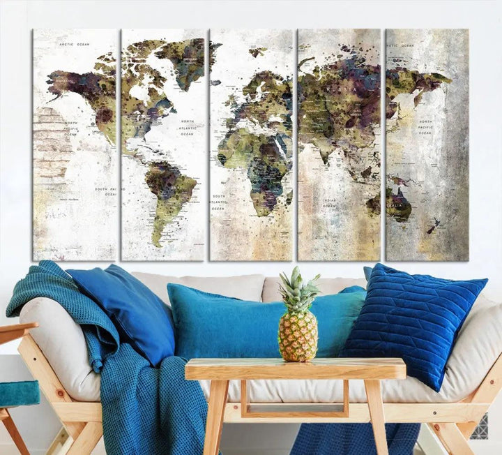 Grunge Travel Map Push Pin World Map Wall Art Canvas Print Wall Decor