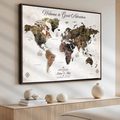35778202-MGV-CV-36X24-Custom Push Pin World Map Wall Canvas Print – Personalized Travel Map with Pins – Framed Large Canvas for Home Office Decor - H30
