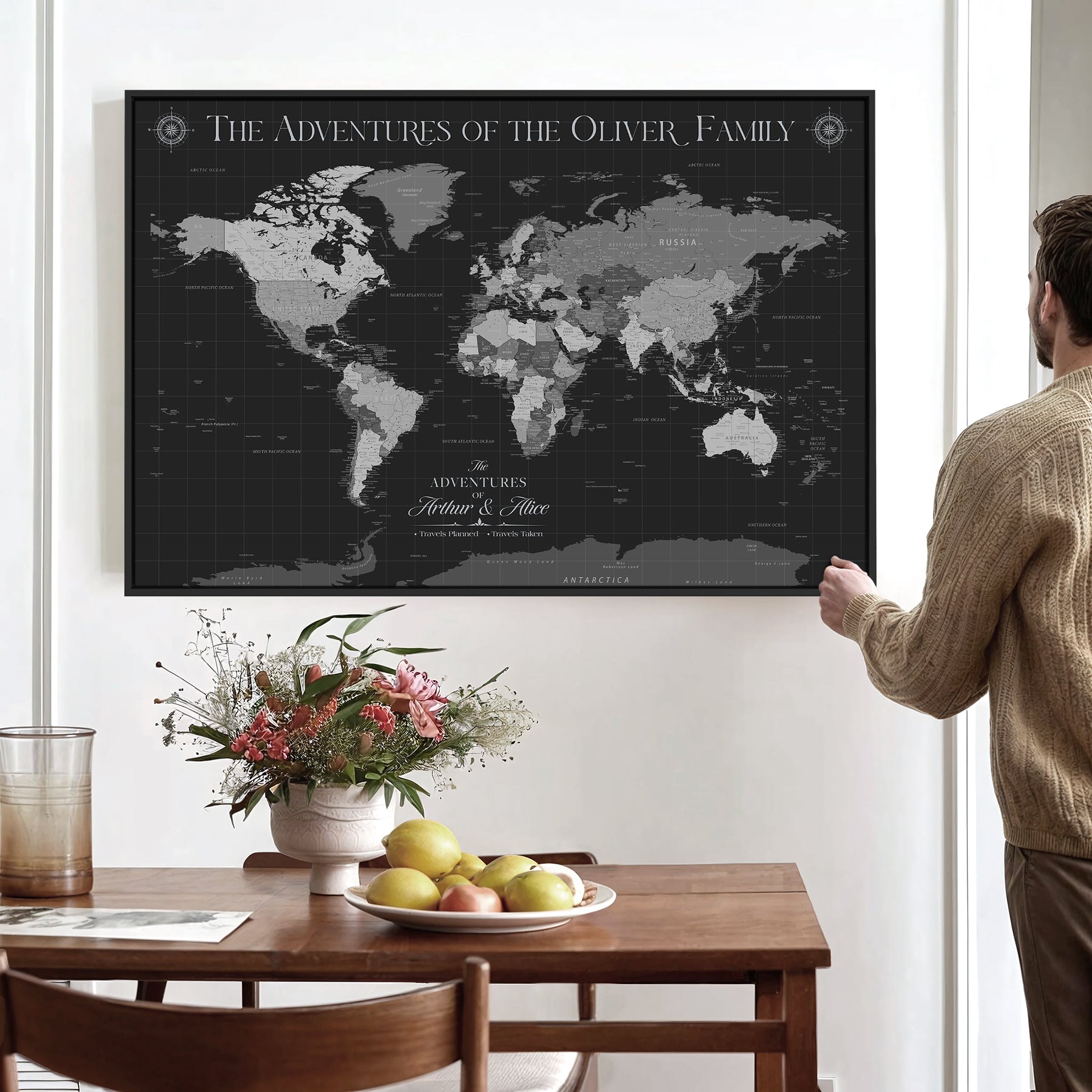 45566494-MGV-CV-36X24-Personalized Custom Push Pin World Map Framed Gift for Anniversary Travel Canvas Art for Explorers, Couples, Honeymoon Memories