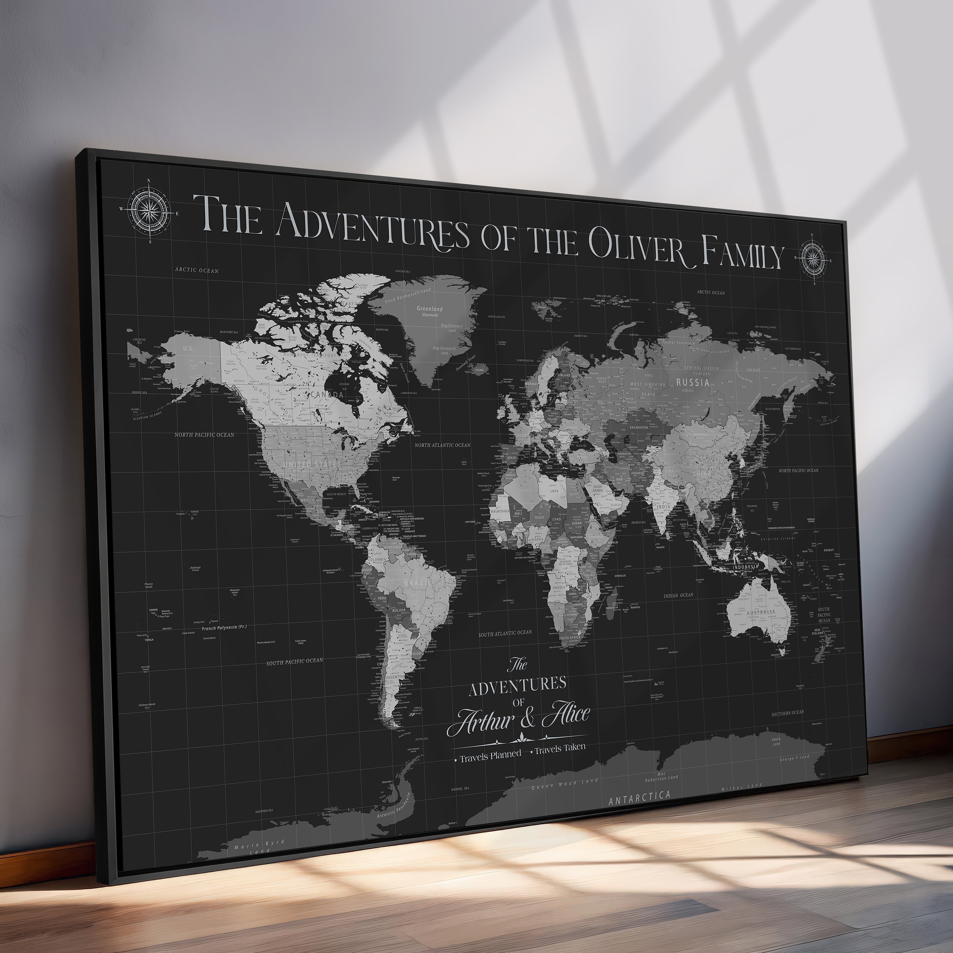45566494-MGV-CV-36X24-Personalized Custom Push Pin World Map Framed Gift for Anniversary Travel Canvas Art for Explorers, Couples, Honeymoon Memories
