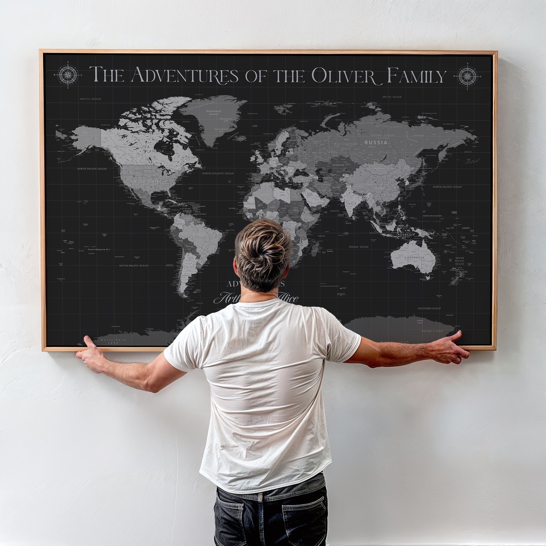 45566494-MGV-CV-36X24-Personalized Custom Push Pin World Map Framed Gift for Anniversary Travel Canvas Art for Explorers, Couples, Honeymoon Memories
