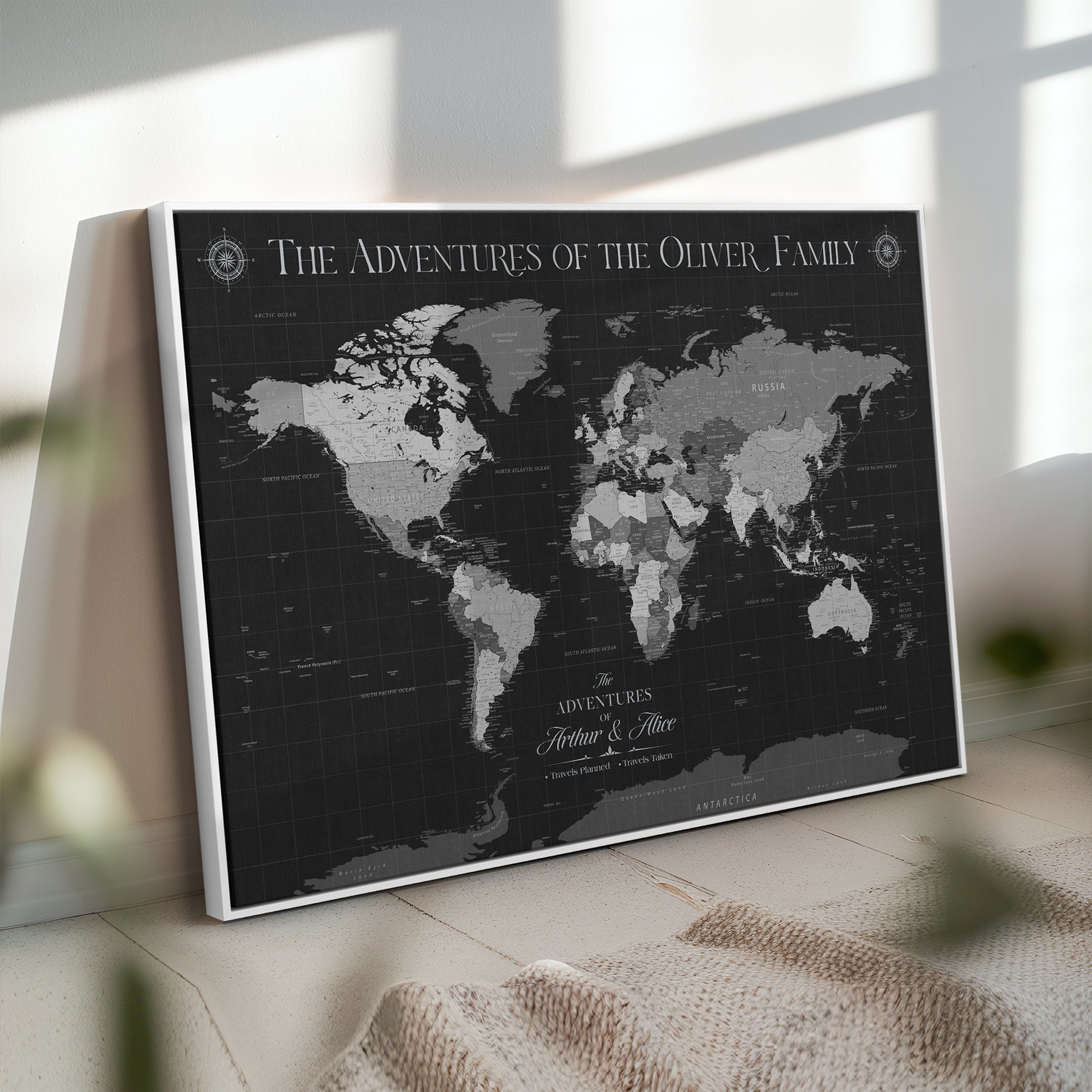 45566494-MGV-CV-36X24-Personalized Custom Push Pin World Map Framed Gift for Anniversary Travel Canvas Art for Explorers, Couples, Honeymoon Memories