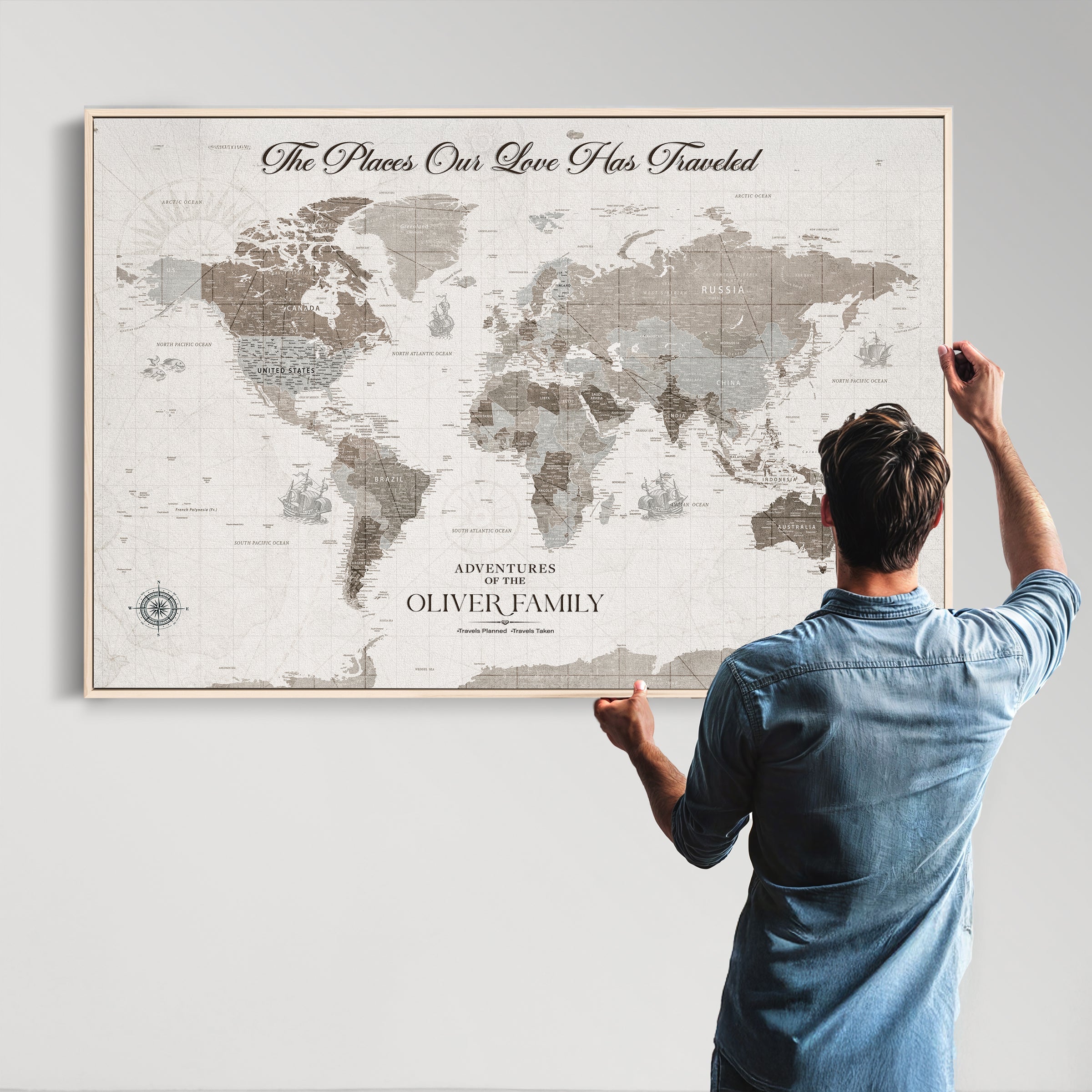 88245481-MGV-CV-36X24-Custom Push Pin World Map Wall Canvas Print – Personalized Travel Tracker with Pins – Framed Large Multi-Size Canvas for Home Office Decor - H19