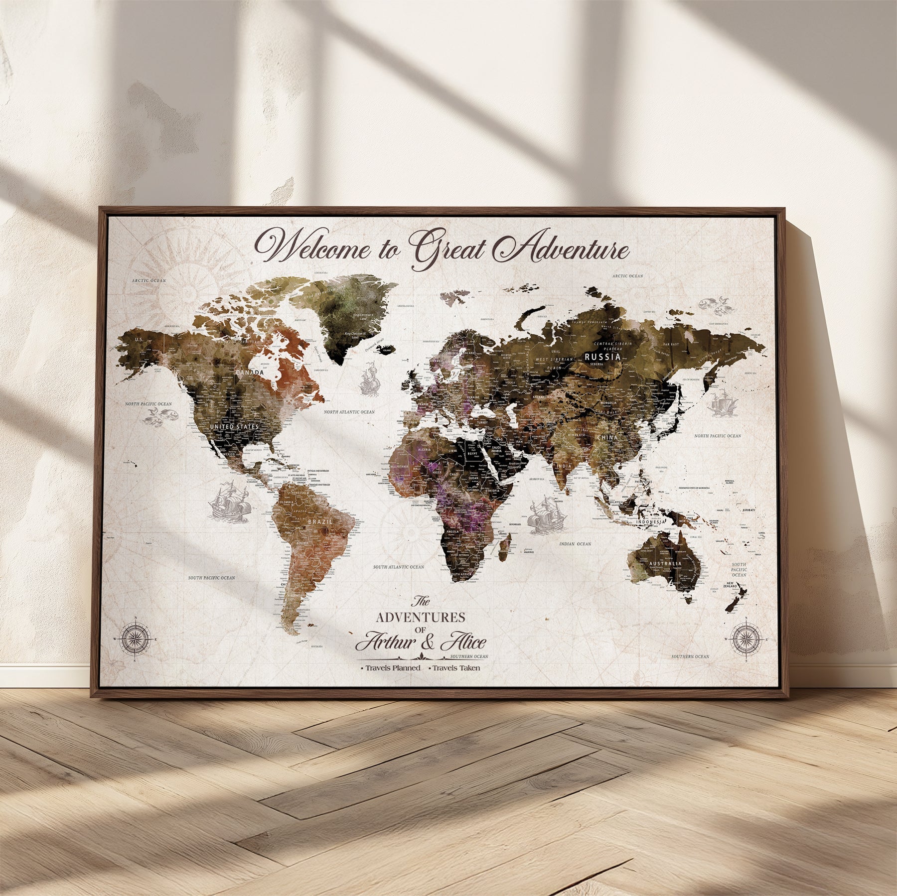 35778202-MGV-CV-36X24-Custom Push Pin World Map Wall Canvas Print – Personalized Travel Map with Pins – Framed Large Canvas for Home Office Decor - H30