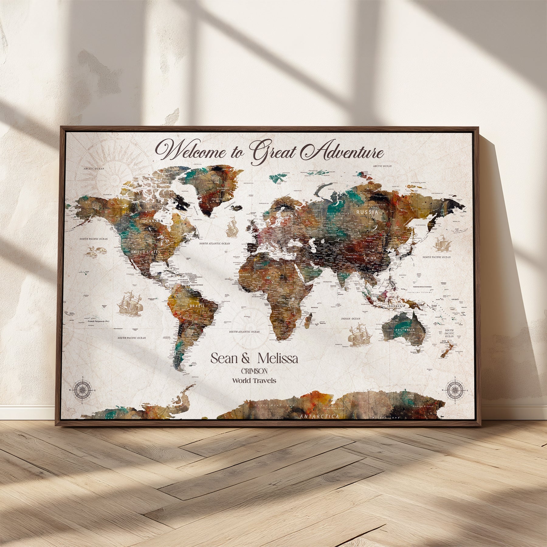 92462592-MGV-CV-36X24-Customize Push Pin World Map Wall Canvas Print – Personalizable Travel World Map with Pins – Framed Personalized Map Print for Couple Gift - H31