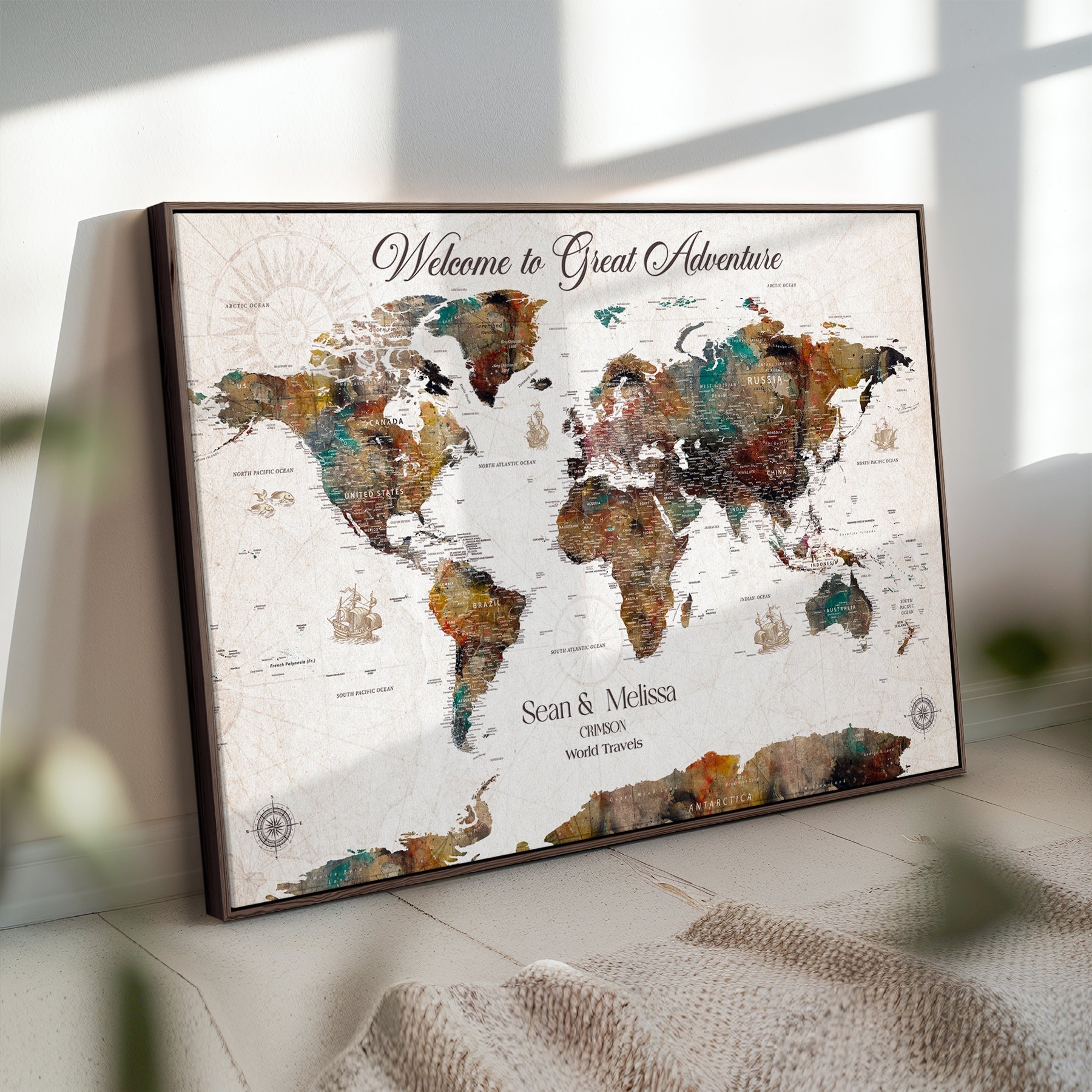 92462592-MGV-CV-36X24-Customize Push Pin World Map Wall Canvas Print – Personalizable Travel World Map with Pins – Framed Personalized Map Print for Couple Gift - H31