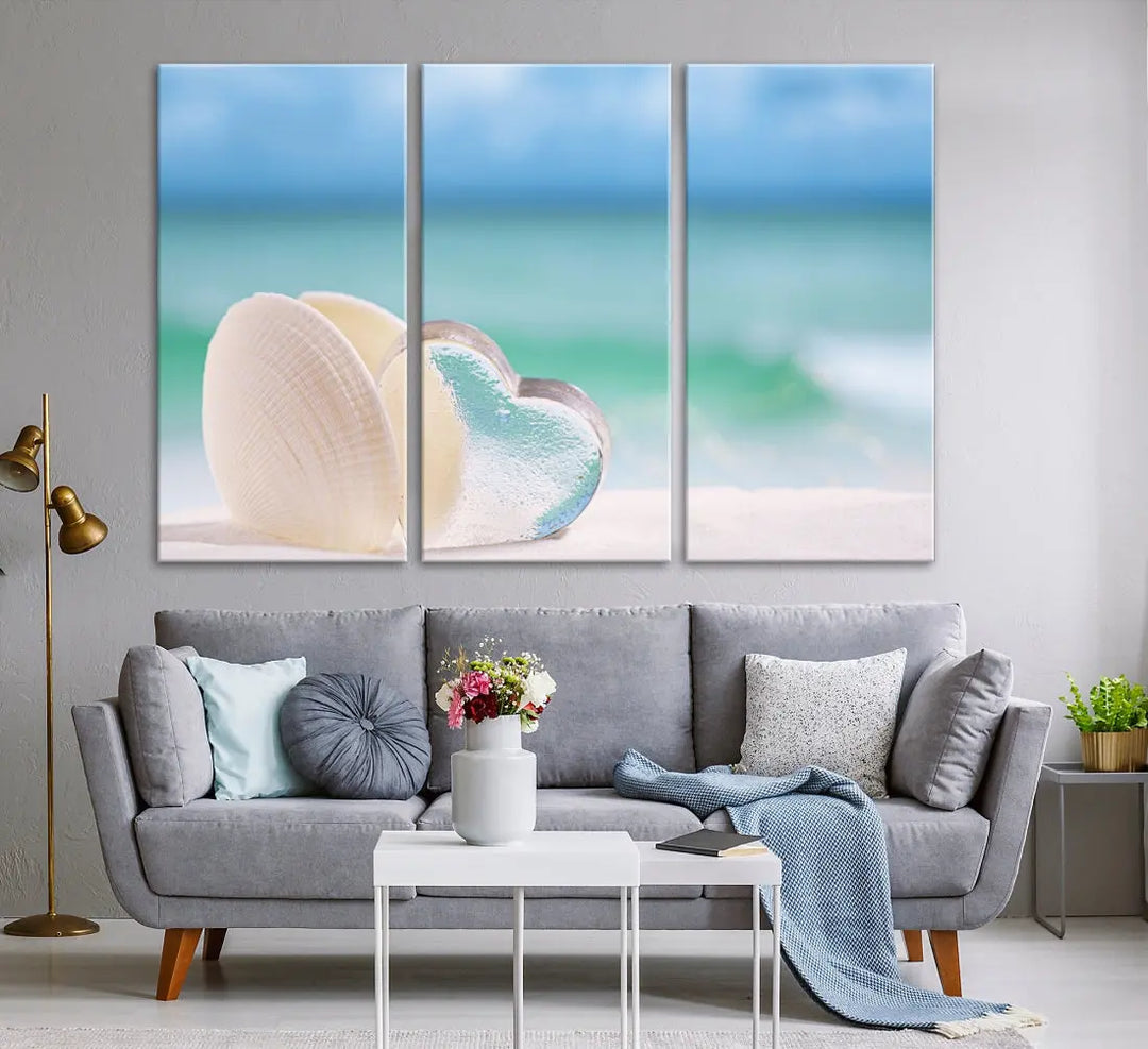 Heart and Seashell Coastal Beach Wall Art Canvas Print