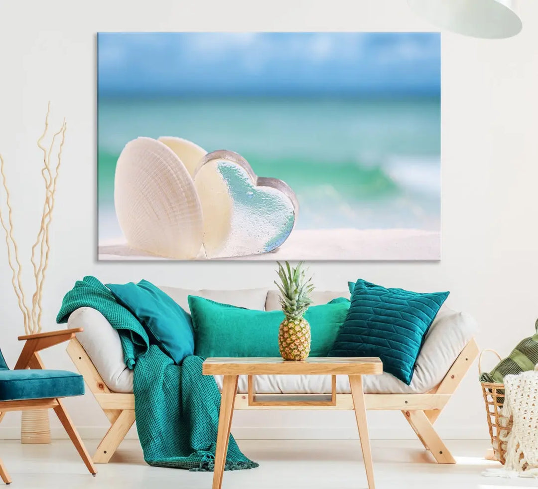 Heart and Seashell Coastal Beach Wall Art Canvas Print