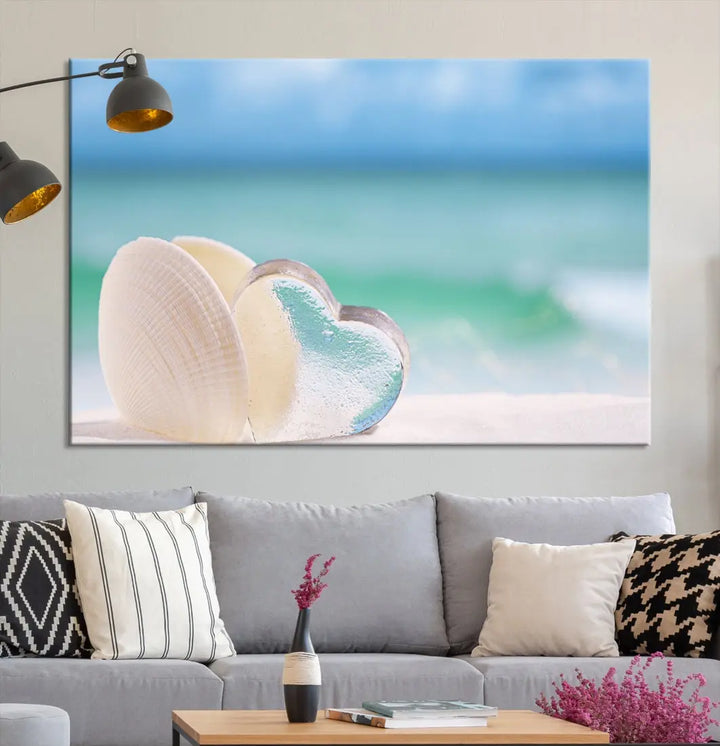 Heart and Seashell Coastal Beach Wall Art Canvas Print