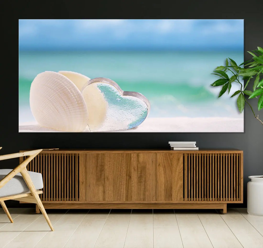 Heart and Seashell Coastal Beach Wall Art Canvas Print