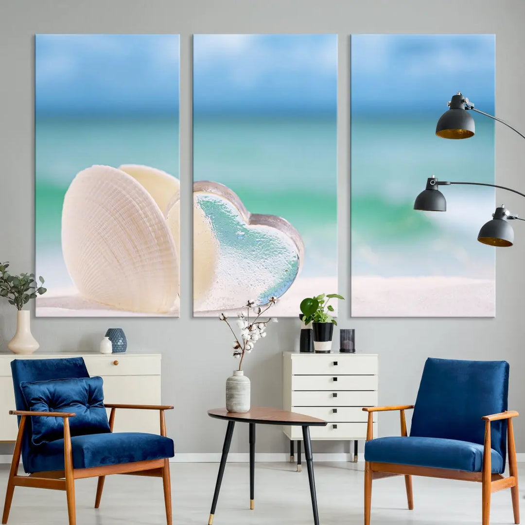 Heart and Seashell Coastal Beach Wall Art Canvas Print