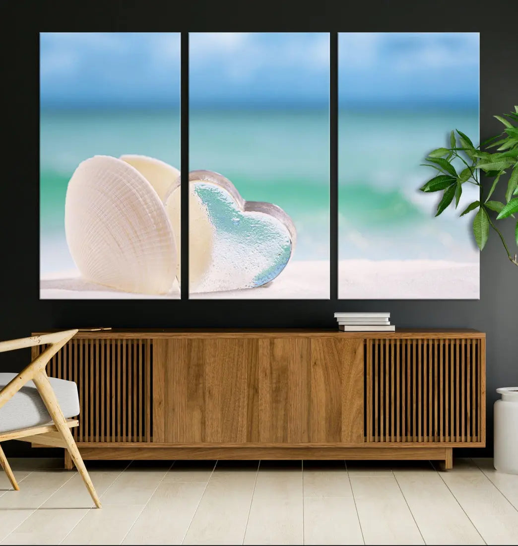 Heart and Seashell Coastal Beach Wall Art Canvas Print