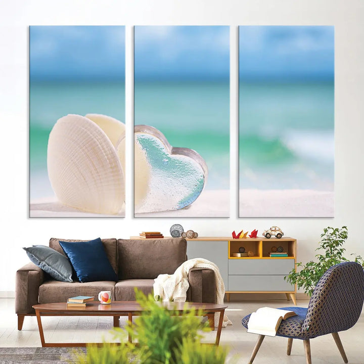 Heart and Seashell Coastal Beach Wall Art Canvas Print