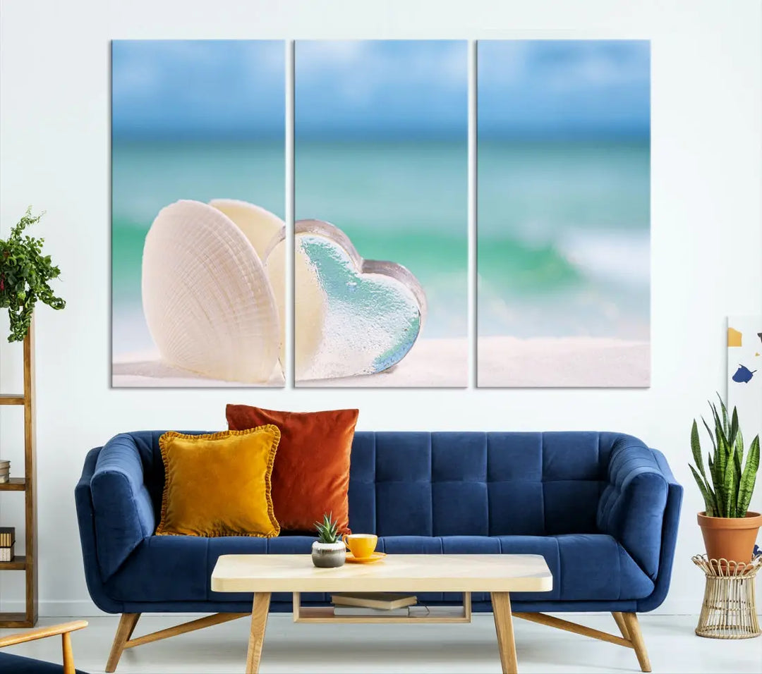 Heart and Seashell Coastal Beach Wall Art Canvas Print