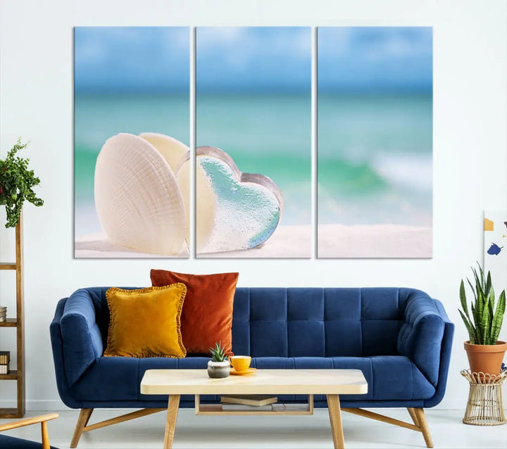 Heart and Seashell Coastal Beach Wall Art Canvas Print