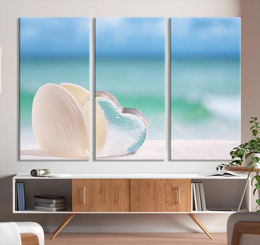 Heart and Seashell Coastal Beach Wall Art Canvas Print