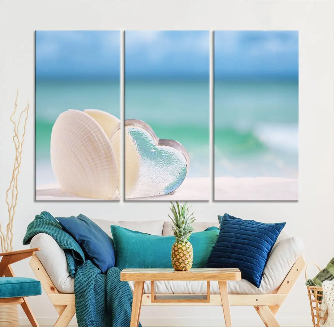 Heart and Seashell Coastal Beach Wall Art Canvas Print