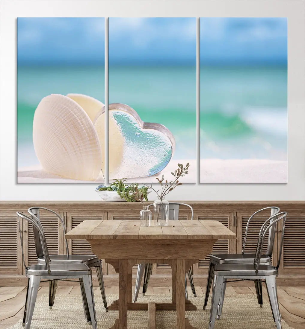 Heart and Seashell Coastal Beach Wall Art Canvas Print