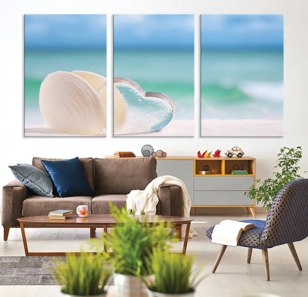 Heart and Seashell Coastal Beach Wall Art Canvas Print