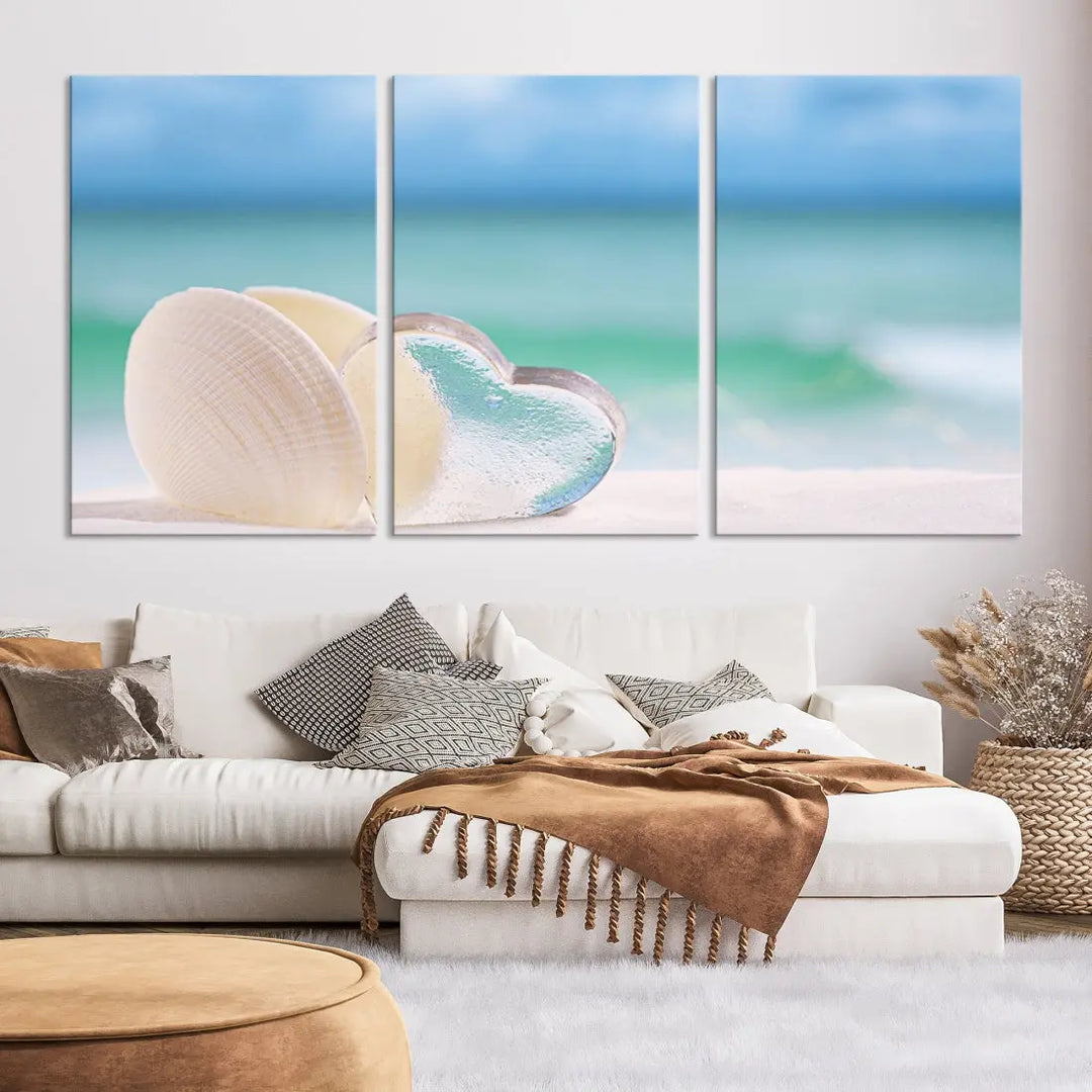 Heart and Seashell Coastal Beach Wall Art Canvas Print