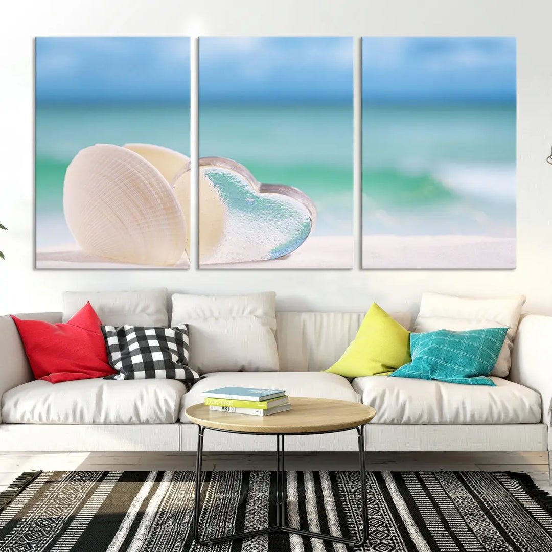 Heart and Seashell Coastal Beach Wall Art Canvas Print