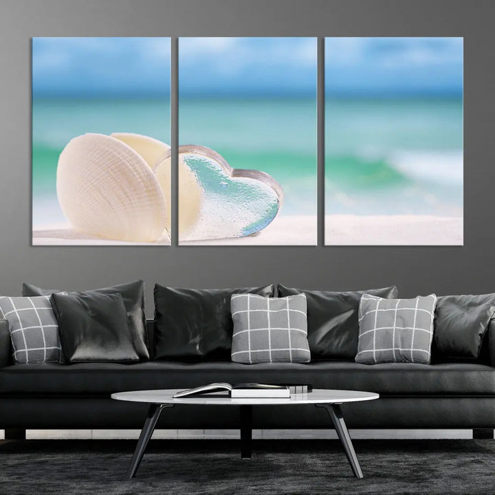 Heart and Seashell Coastal Beach Wall Art Canvas Print