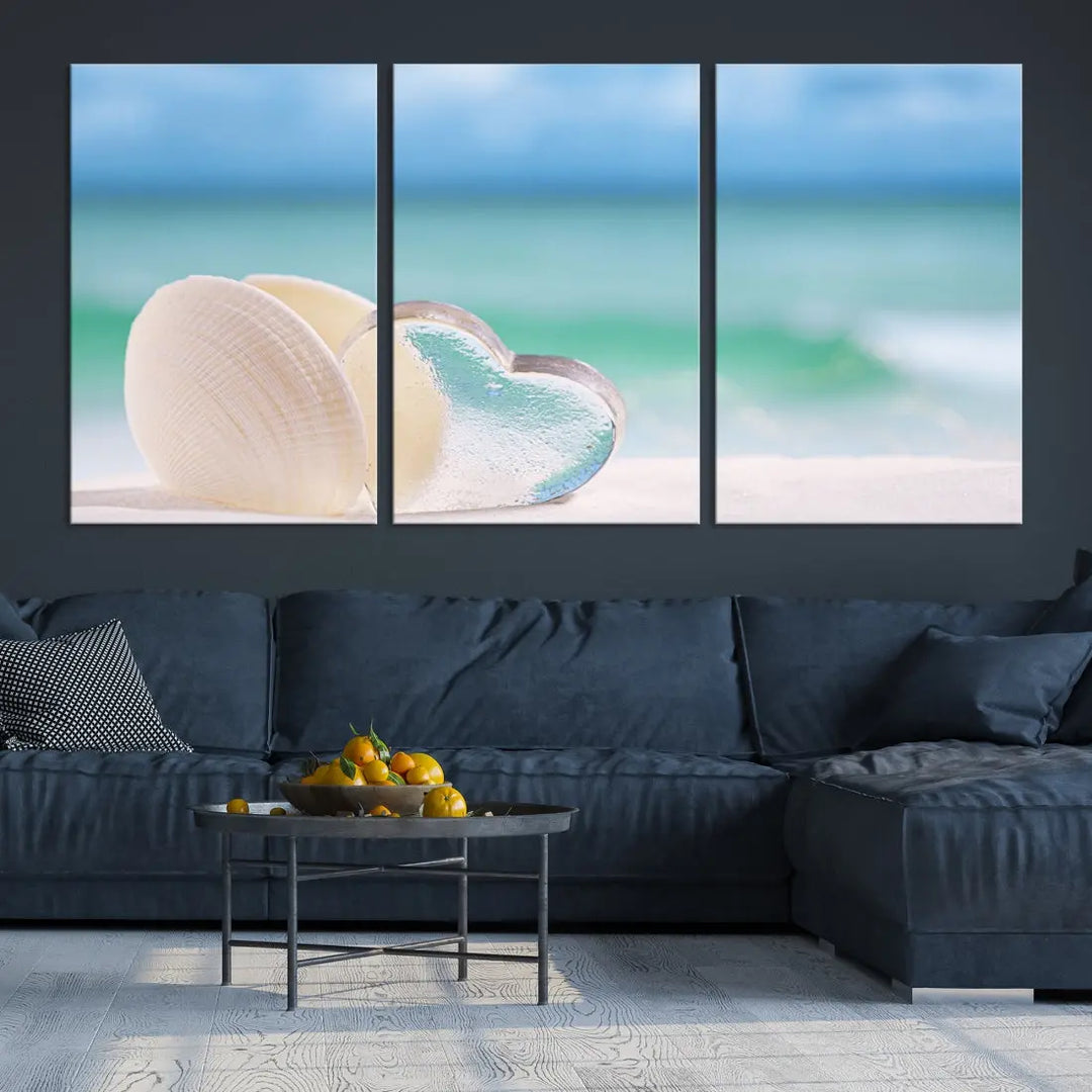 Heart and Seashell Coastal Beach Wall Art Canvas Print