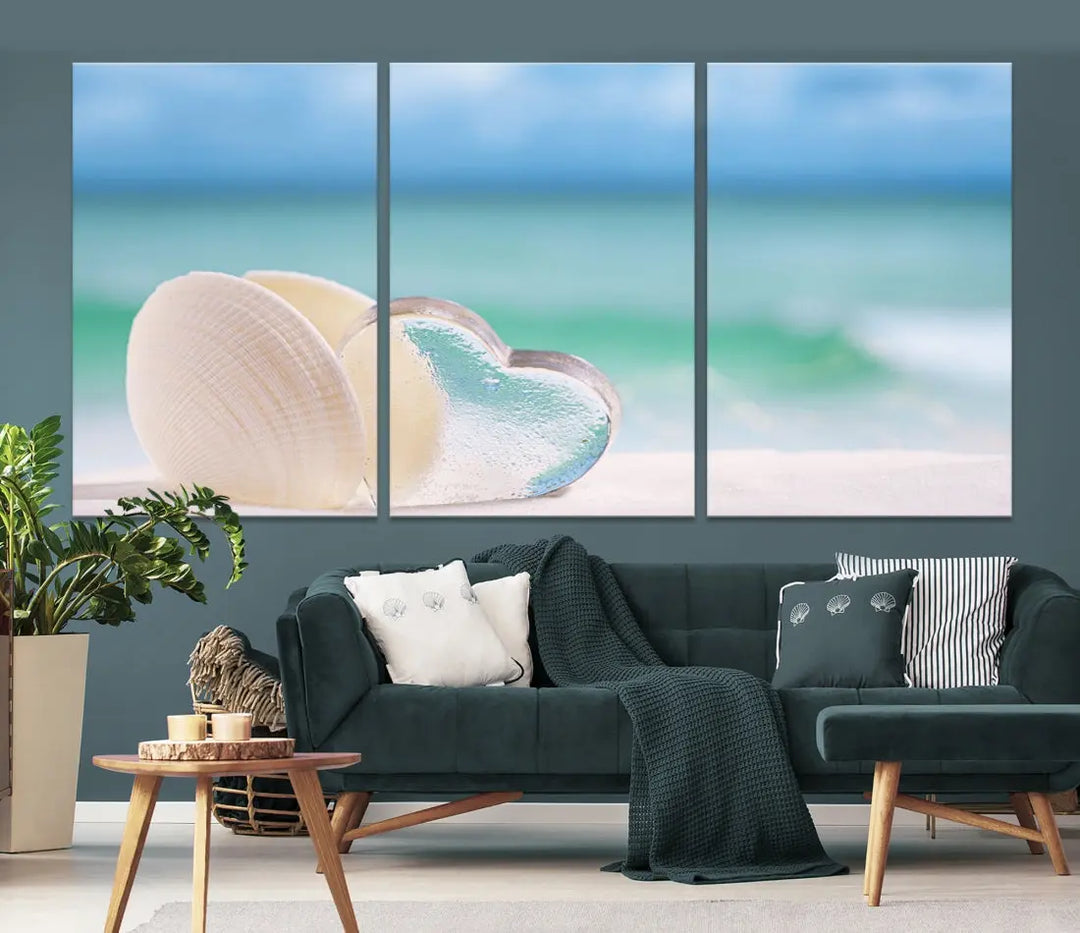 Heart and Seashell Coastal Beach Wall Art Canvas Print