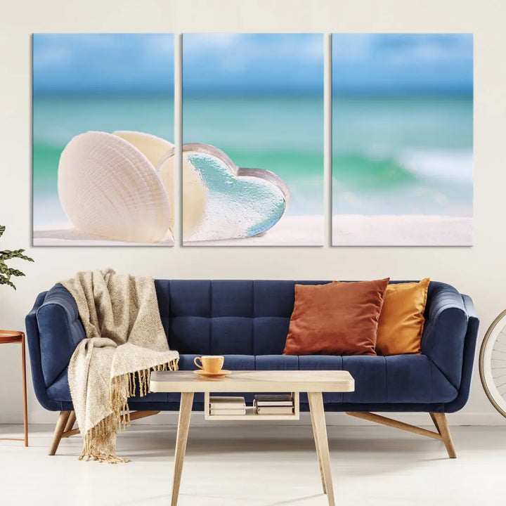 Heart and Seashell Coastal Beach Wall Art Canvas Print