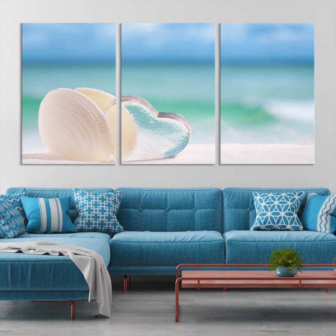 Heart and Seashell Coastal Beach Wall Art Canvas Print