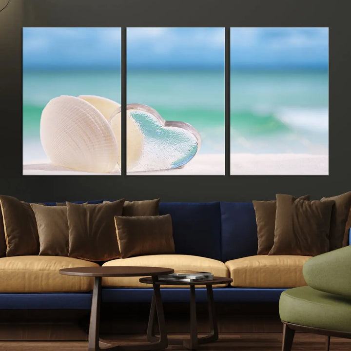 Heart and Seashell Coastal Beach Wall Art Canvas Print