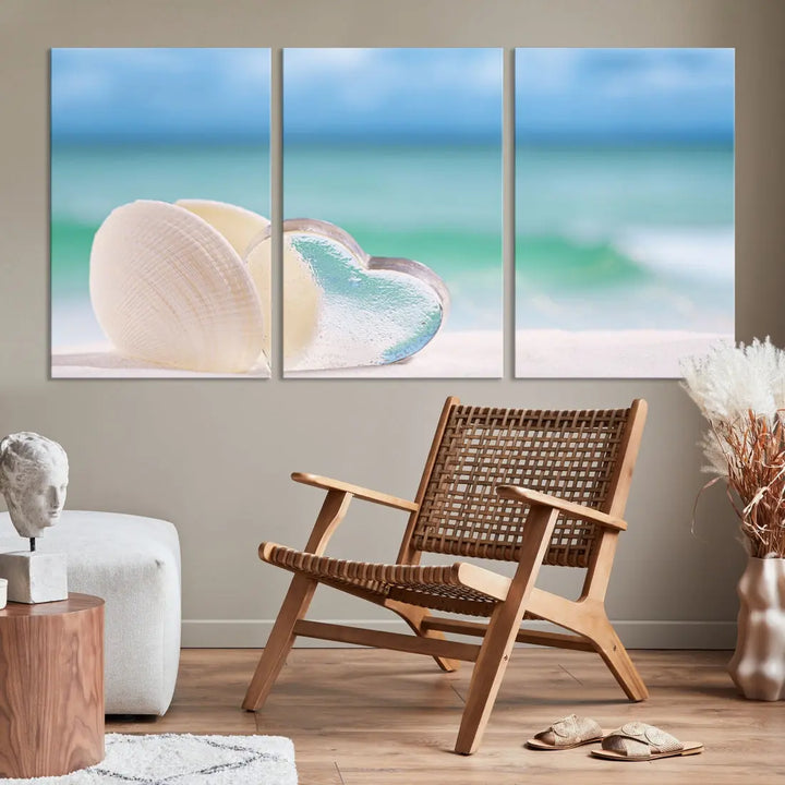 Heart and Seashell Coastal Beach Wall Art Canvas Print