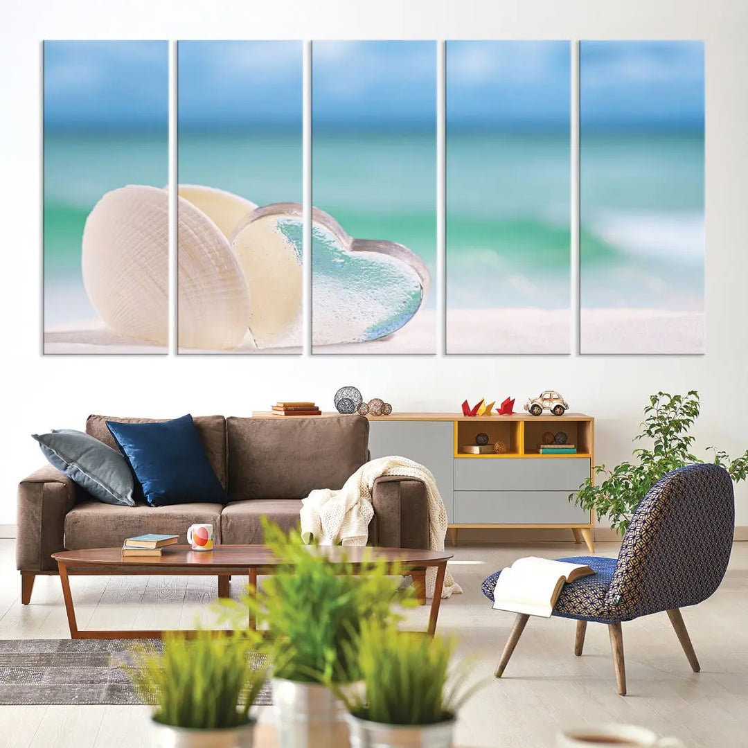 Heart and Seashell Coastal Beach Wall Art Canvas Print