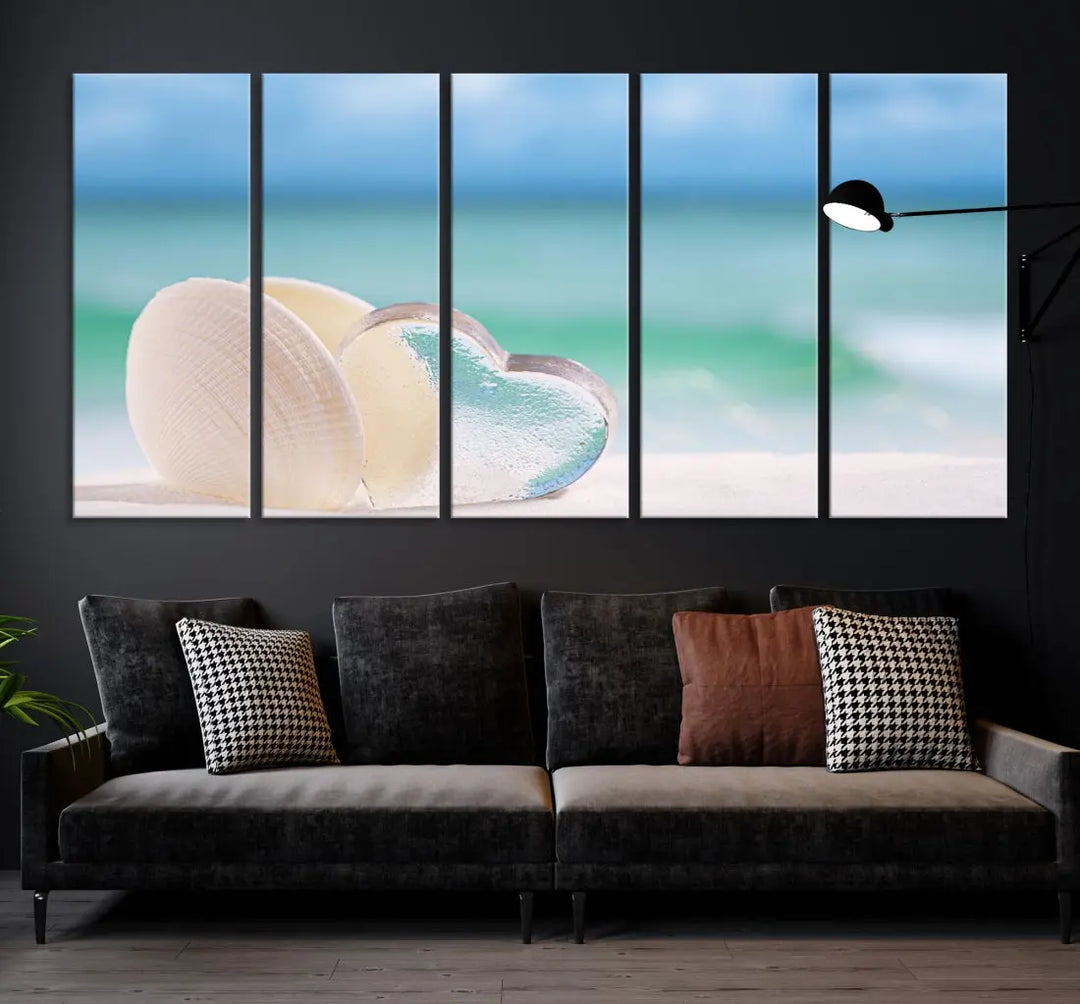 Heart and Seashell Coastal Beach Wall Art Canvas Print