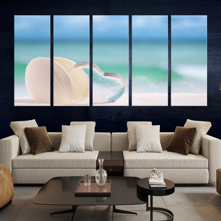 Heart and Seashell Coastal Beach Wall Art Canvas Print