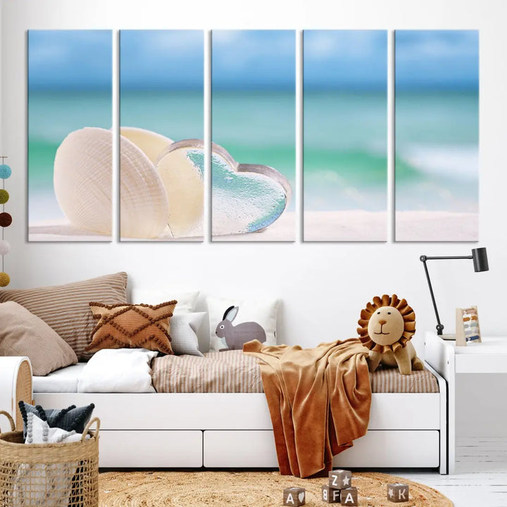 Heart and Seashell Coastal Beach Wall Art Canvas Print