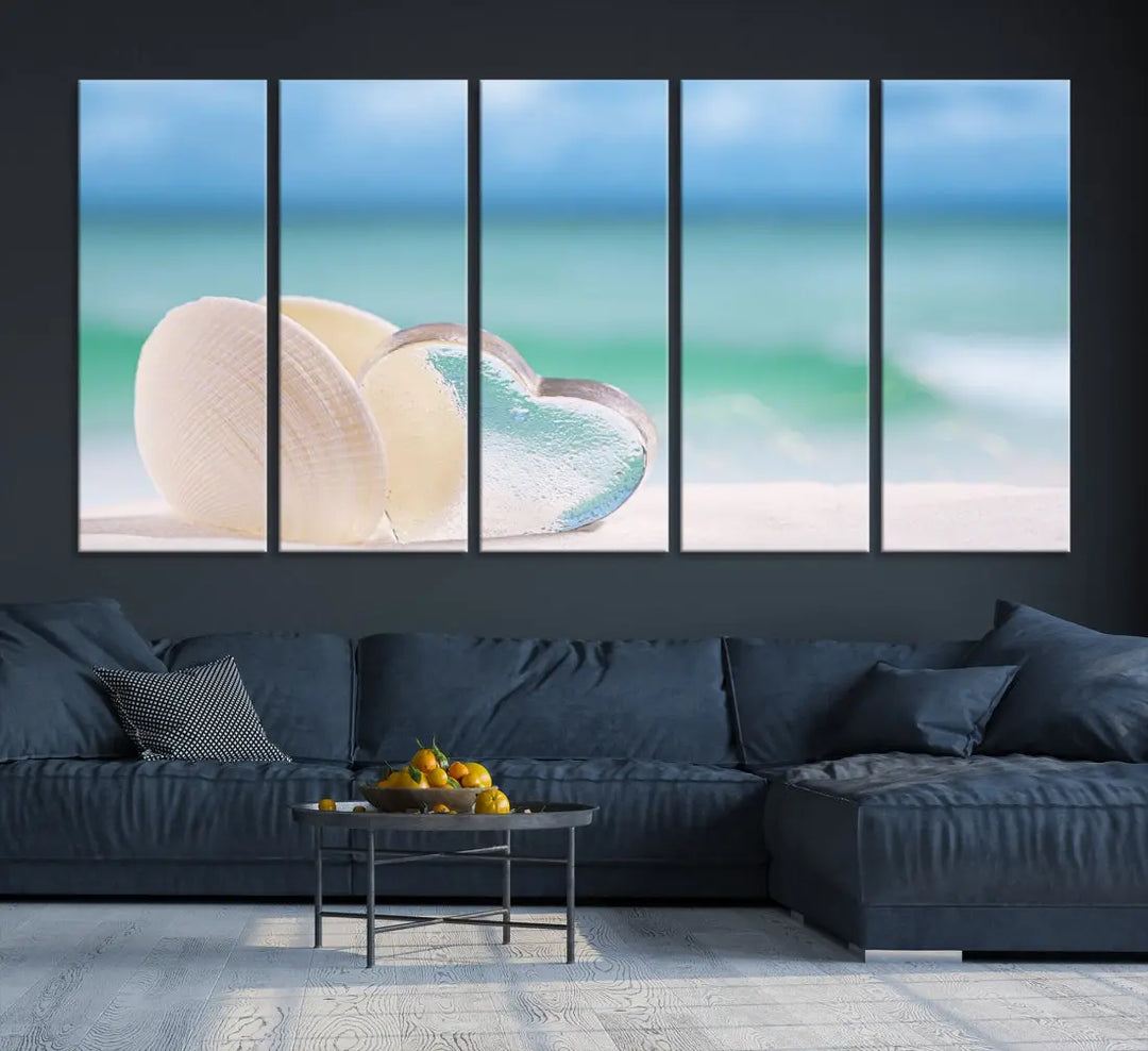 Heart and Seashell Coastal Beach Wall Art Canvas Print