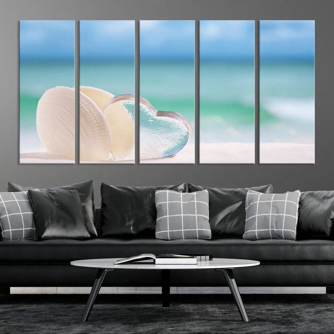 Heart and Seashell Coastal Beach Wall Art Canvas Print