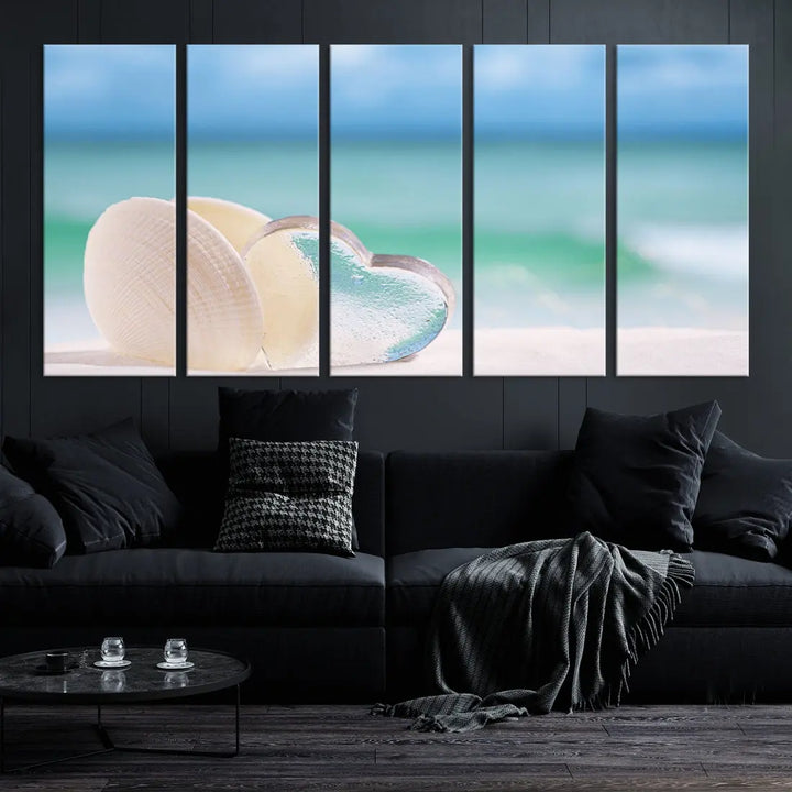 Heart and Seashell Coastal Beach Wall Art Canvas Print