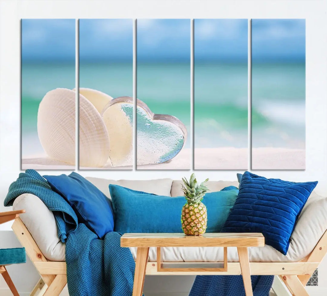 Heart and Seashell Coastal Beach Wall Art Canvas Print