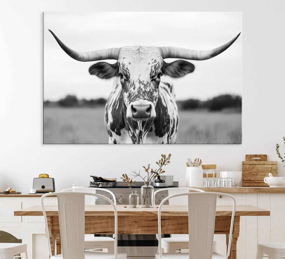 Highland Cow Wall Art - Black and White Western Longhorn Canvas - Farmhouse Living Room Decor - Southwestern Animal Artwork for Home