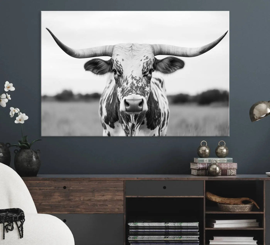 Highland Cow Wall Art - Black and White Western Longhorn Canvas - Farmhouse Living Room Decor - Southwestern Animal Artwork for Home